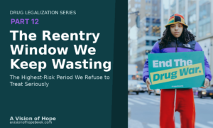 Graphic for Drug Legalization Series Part 12 titled “The Reentry Window We Keep Wasting: The Highest-Risk Period We Refuse to Treat Seriously,” with a protester holding an “End The Drug War” sign. This article talks about prison release overdose risk.