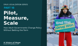 Drug legalization pilot program graphic showing a protest sign reading End the Drug War for Part 16 of the Drug Legalization Series