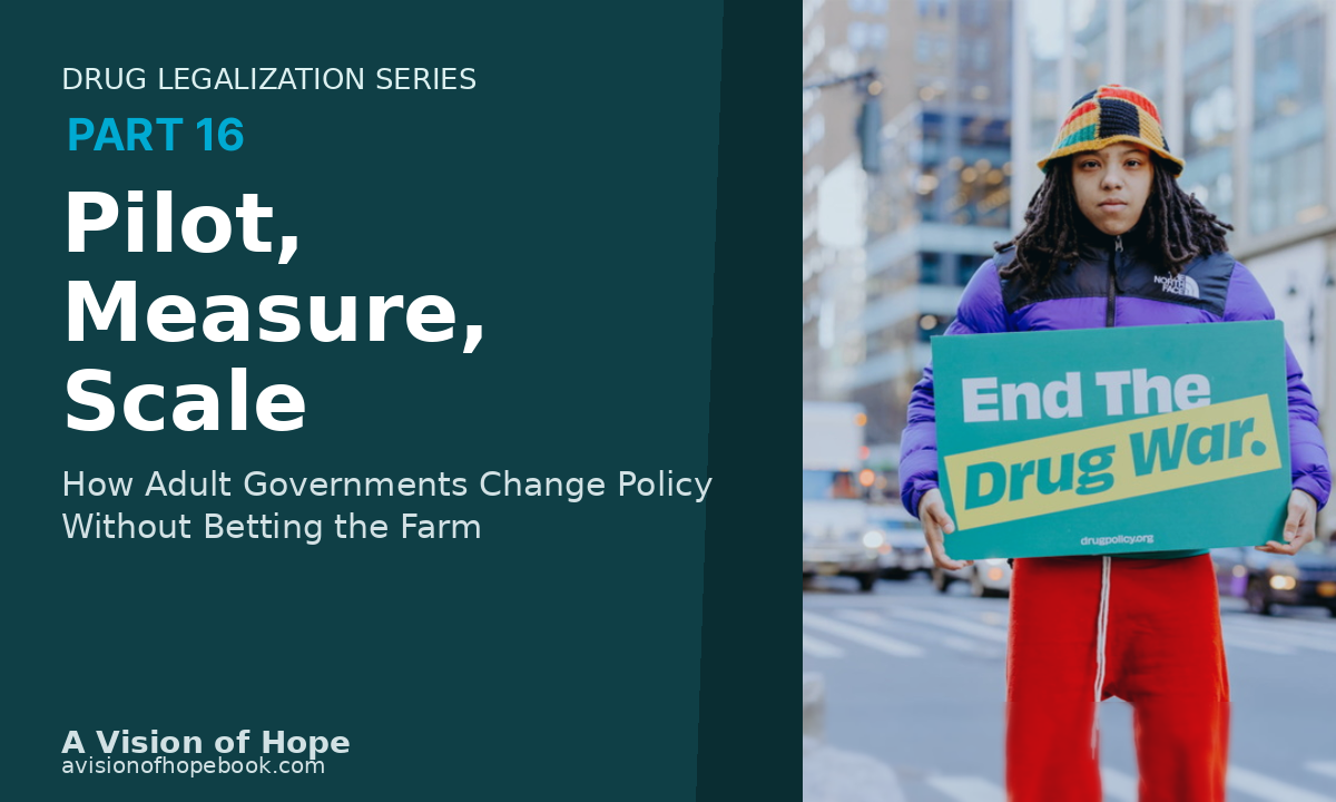 Drug legalization pilot program graphic showing a protest sign reading End the Drug War for Part 16 of the Drug Legalization Series